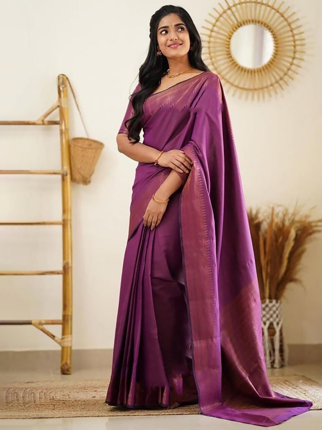 

Anjaneya Sarees Zari Woven Border Saree, Purple