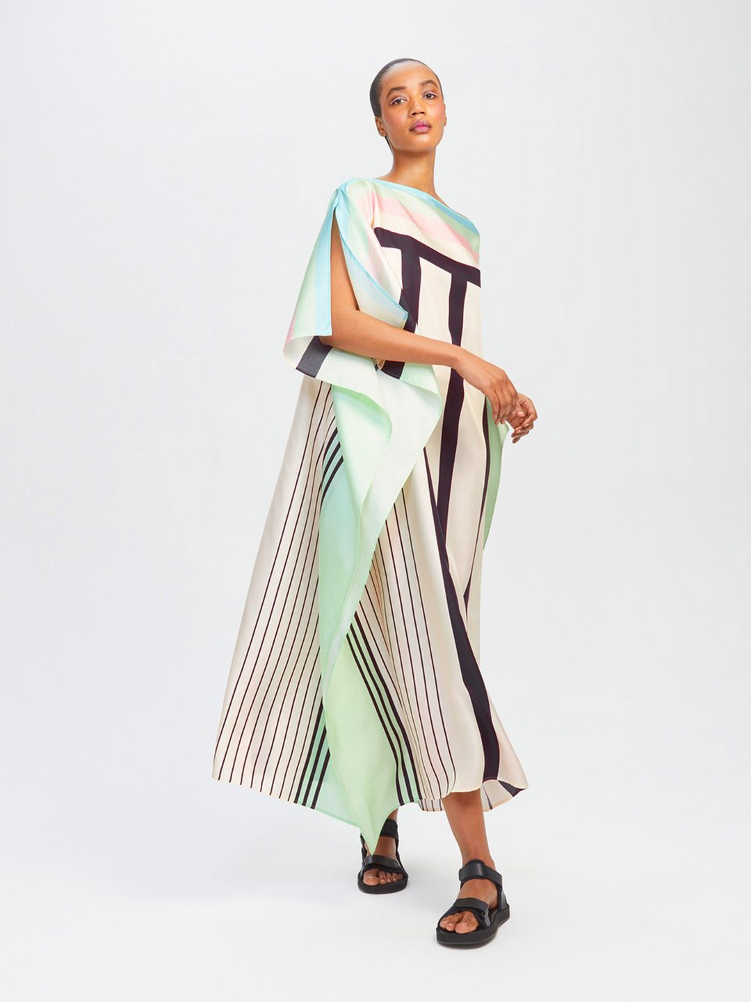 

Navvi Multicoloured Striped Satin Maxi Dress, Multi