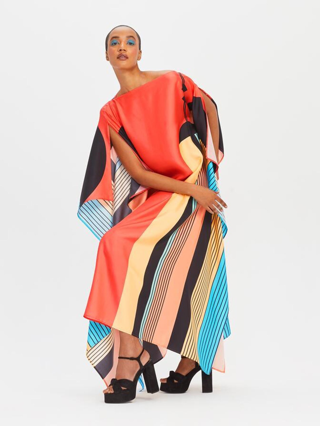 

Navvi Multicoloured Striped Crepe A-Line Midi Dress, Multi