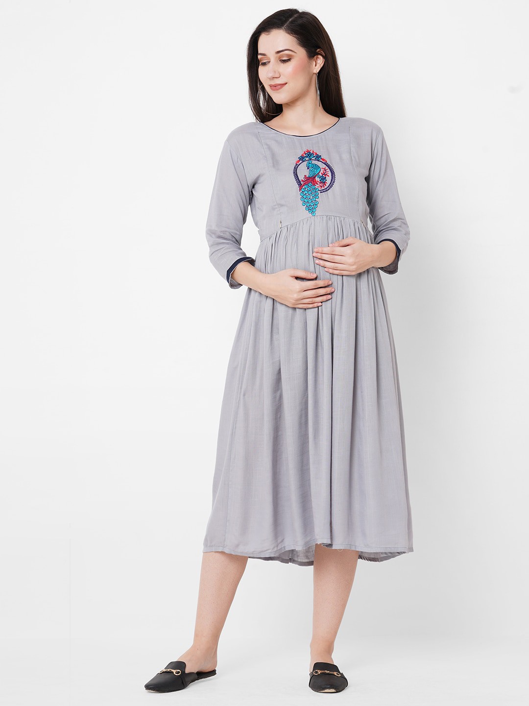 

Ayukti Embroidered Maternity Fit & Flare Midi Dress, Grey