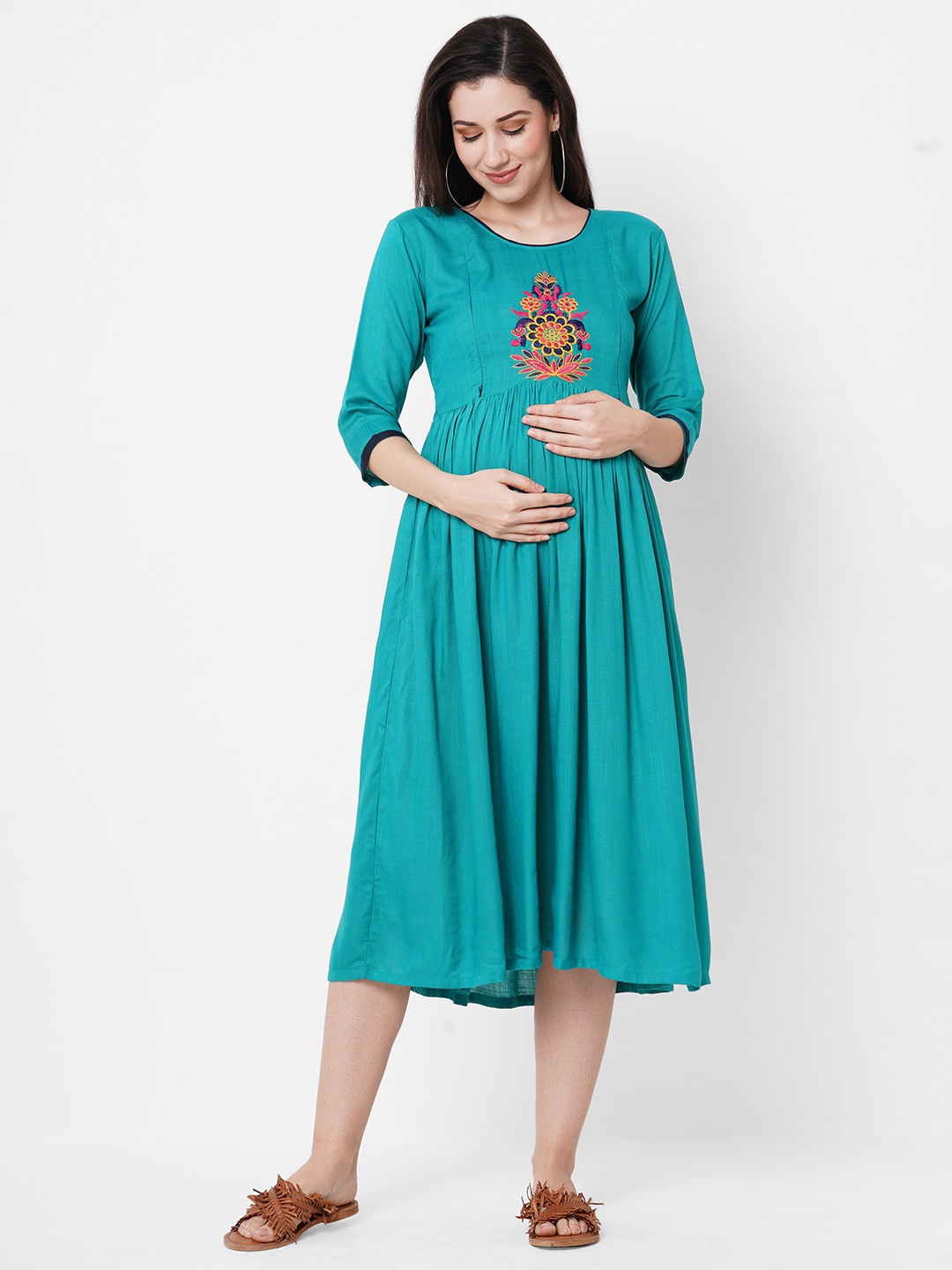 

Ayukti Floral Embroidered Maternity Fit & Flare Midi Dress, Turquoise blue
