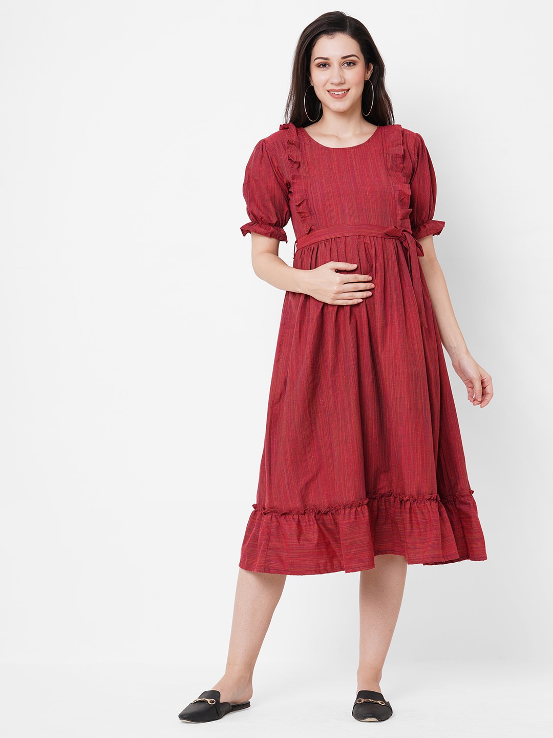 

Ayukti Self Design Ruffles Maternity Fit & Flare Midi Dress, Maroon