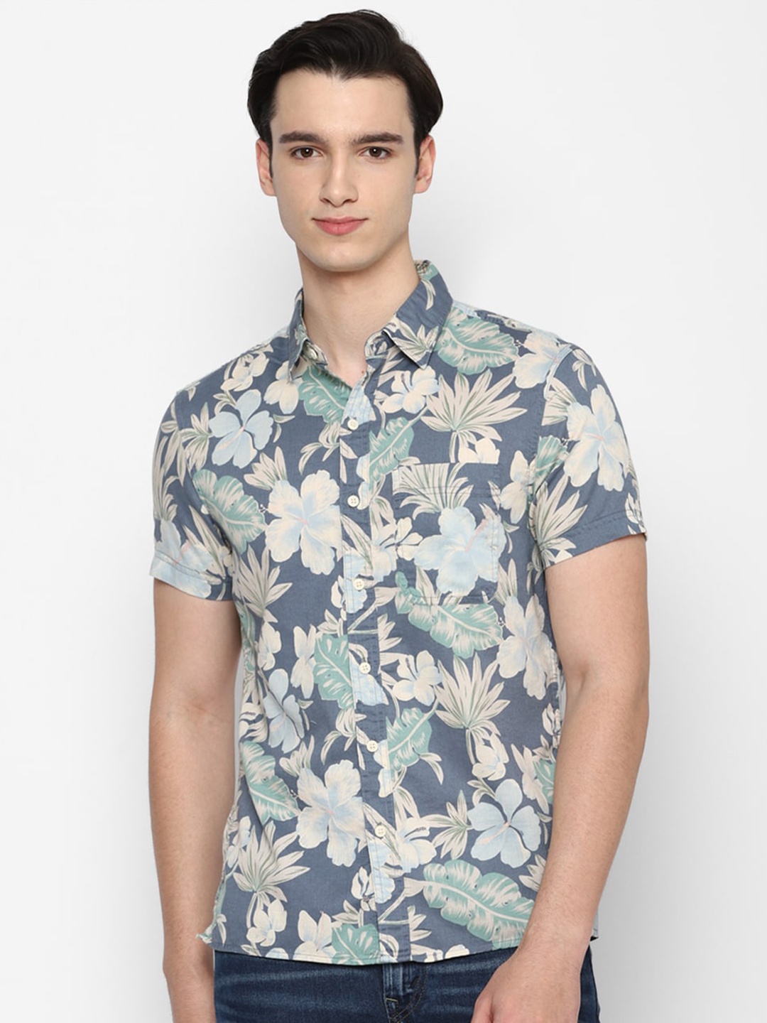 

AMERICAN EAGLE OUTFITTERS Slim Fit Floral Printed Cotton Linen Casual Shirt, Navy blue