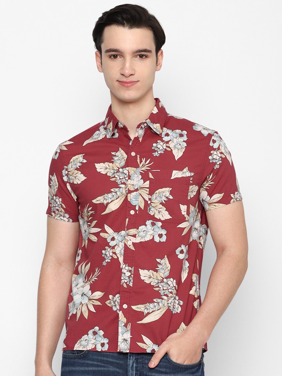 

AMERICAN EAGLE OUTFITTERS Slim Fit Floral Printed Casual Shirt, Red