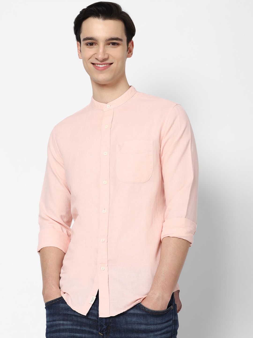 

AMERICAN EAGLE OUTFITTERS Band Collar Cotton Linen Casual Shirt, Pink