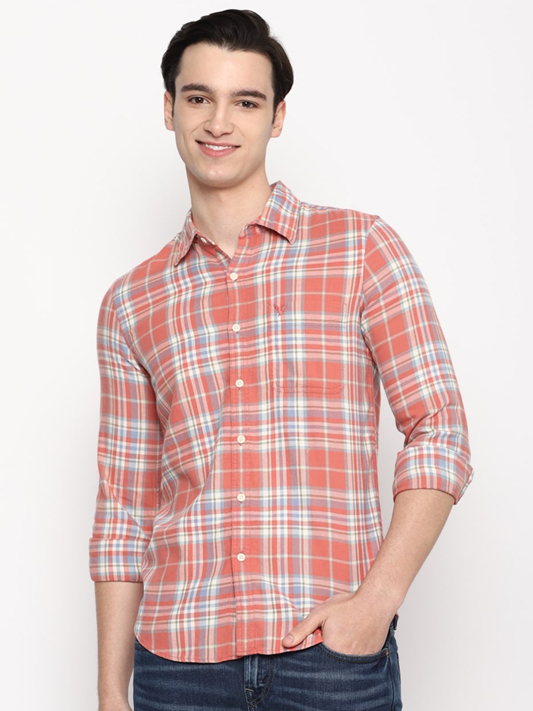 

AMERICAN EAGLE OUTFITTERS Tartan Checks Pure Cotton Casual Shirt, Pink