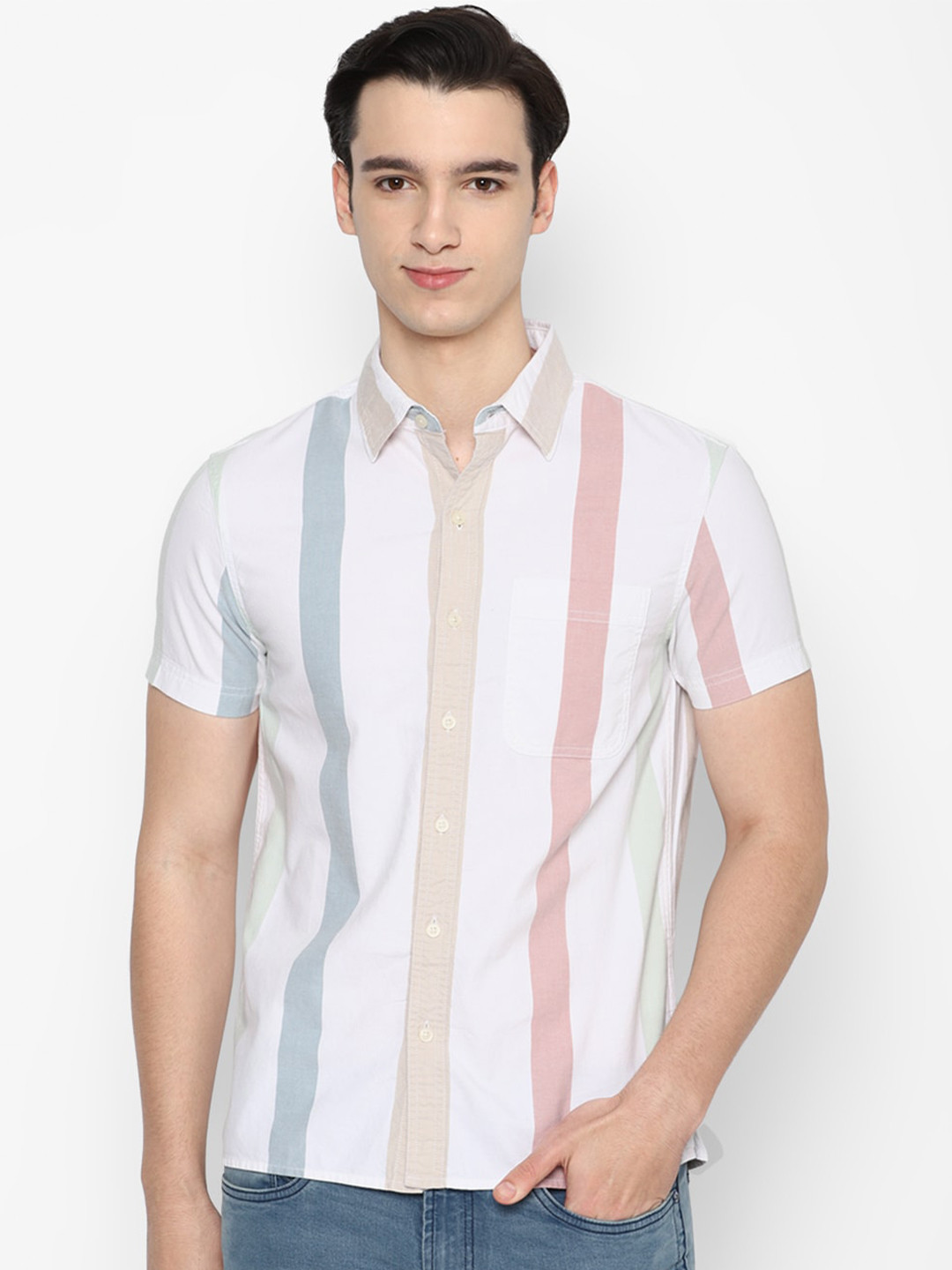 

AMERICAN EAGLE OUTFITTERS Slim Fit Vertical Striped Pure Cotton Casual Shirt, White
