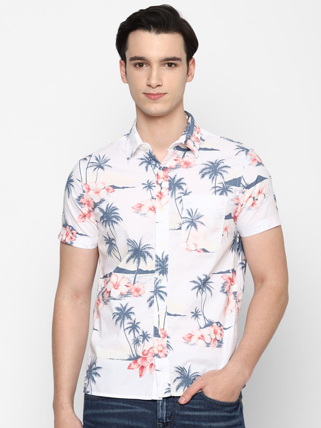 

AMERICAN EAGLE OUTFITTERS Slim Fit Tropical Printed Casual Shirt, White