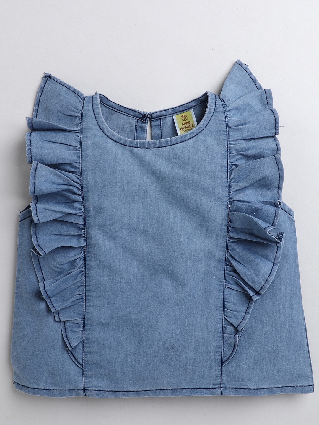 

AWW HUNNIE Girls Round Neck Flutter Sleeves Denim Top, Blue