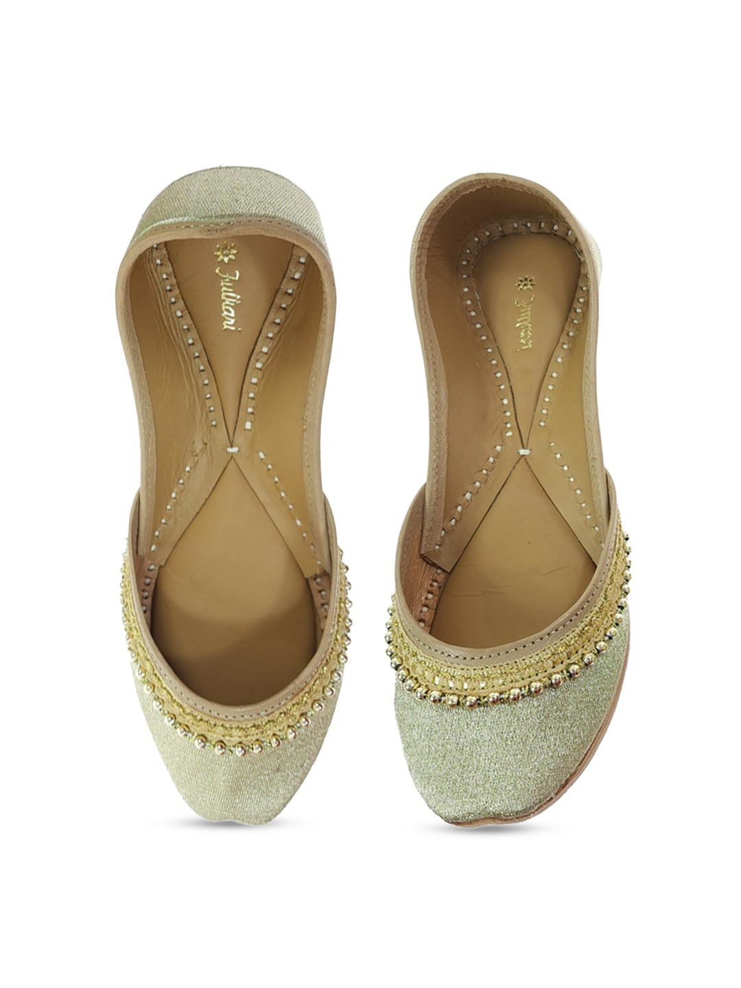 

Fulkari Women Embellished Leather Ethnic Slip On Mojaris Flats, Gold