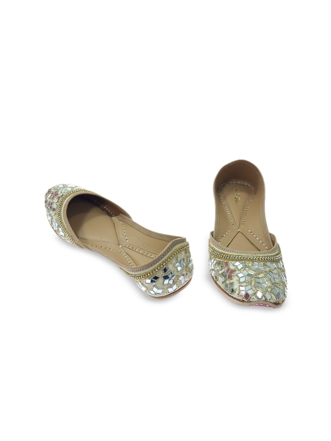 

Fulkari Women Embellished Pure Leather Ethnic Mojaris, Beige