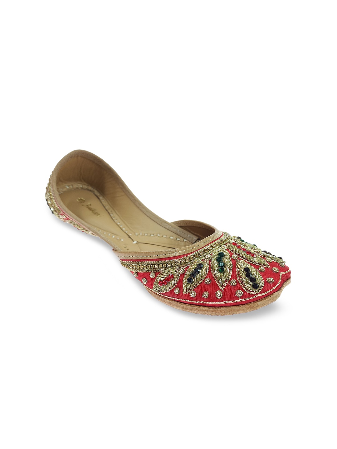 

Fulkari Women Slip On Embellished Leather Ethnic Mojaris Flats, Red