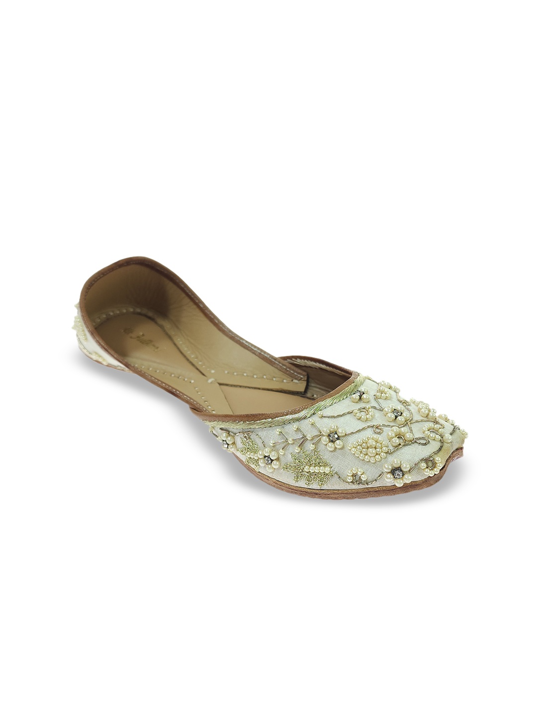 

Fulkari Women Embellished Pure Leather Ethnic Mojaris, Beige