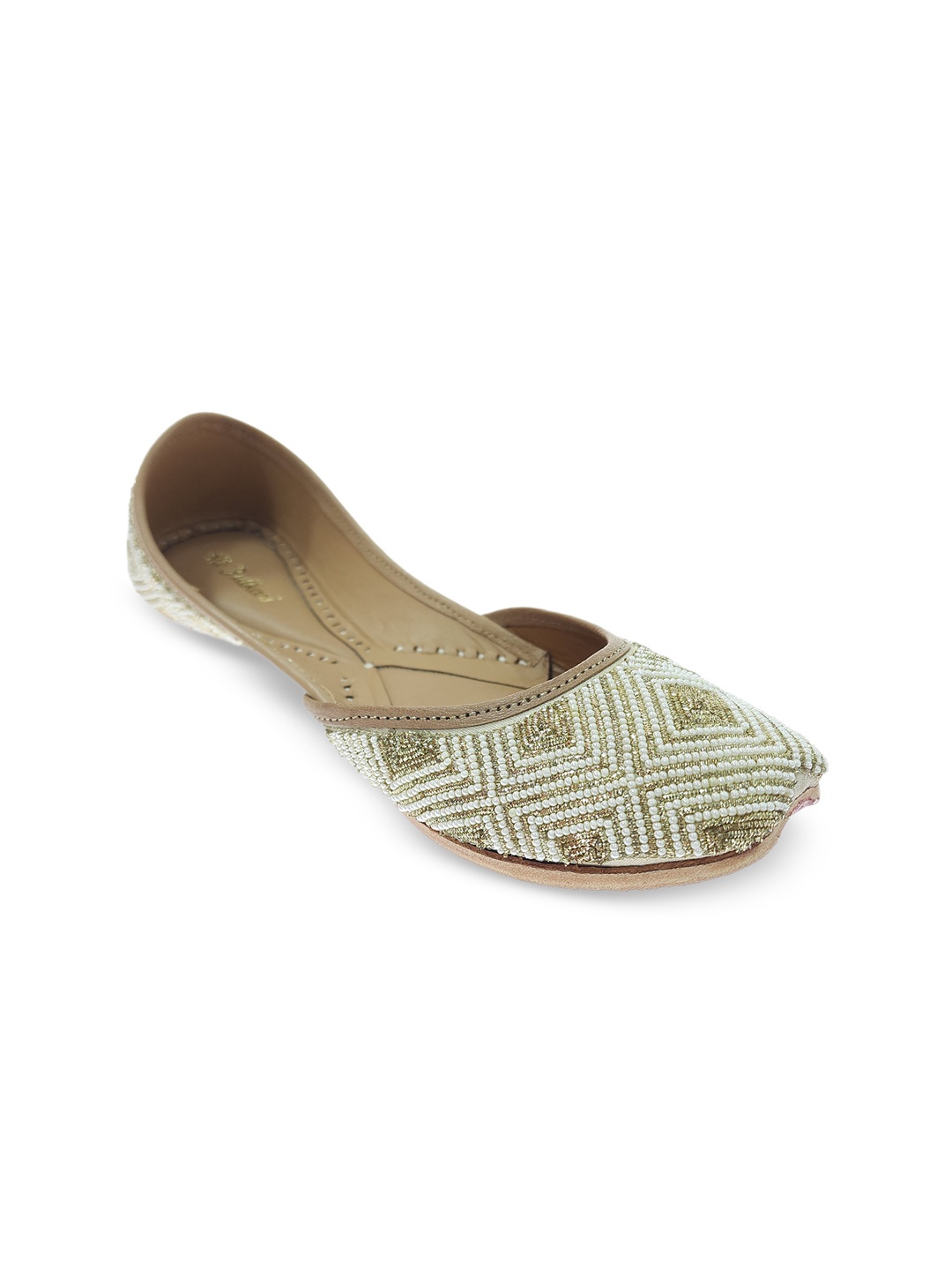 

Fulkari Women Embellished Pure Leather Ethnic Mojaris, Beige