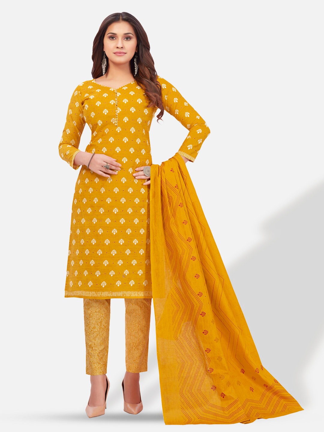 

SALWAR STUDIO Ethnic Motifs Printed Pure Cotton Unstitched Dress Material, Yellow