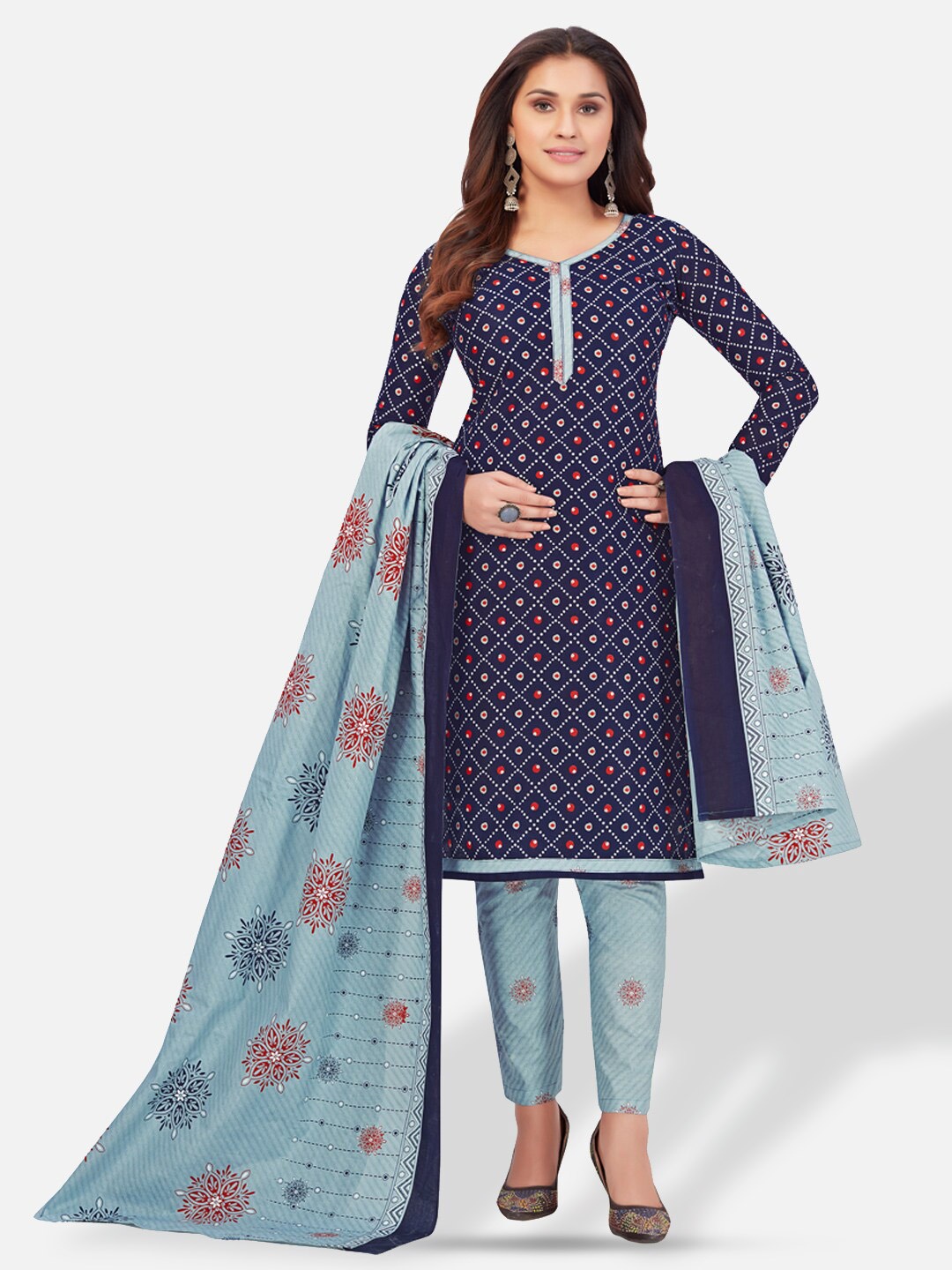 

SALWAR STUDIO Ethnic Motifs Printed Pure Cotton Unstitched Dress Material, Navy blue