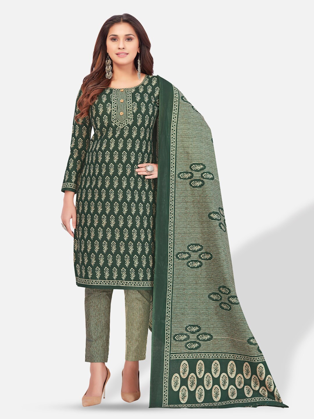 

SALWAR STUDIO Ethnic Motifs Printed Pure Cotton Unstitched Dress Material, Green
