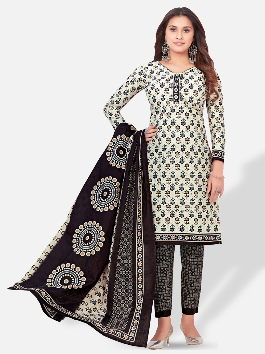 

SALWAR STUDIO Printed Pure Cotton Unstitched Dress Material, Beige