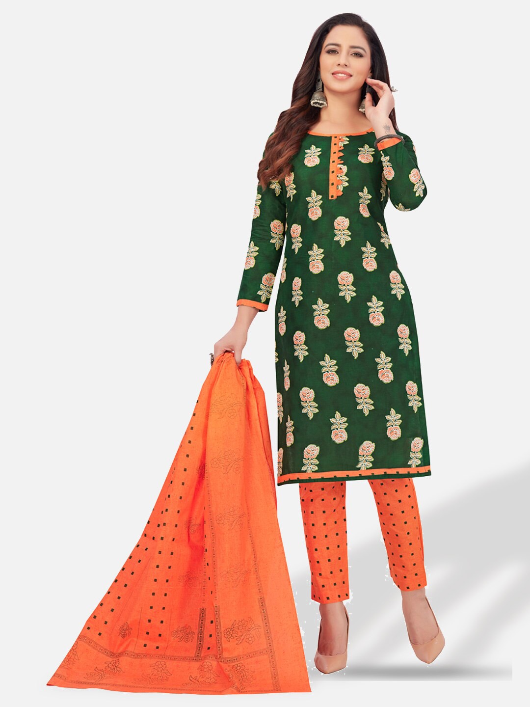 

SALWAR STUDIO Green & Orange Printed Pure Cotton Unstitched Dress Material
