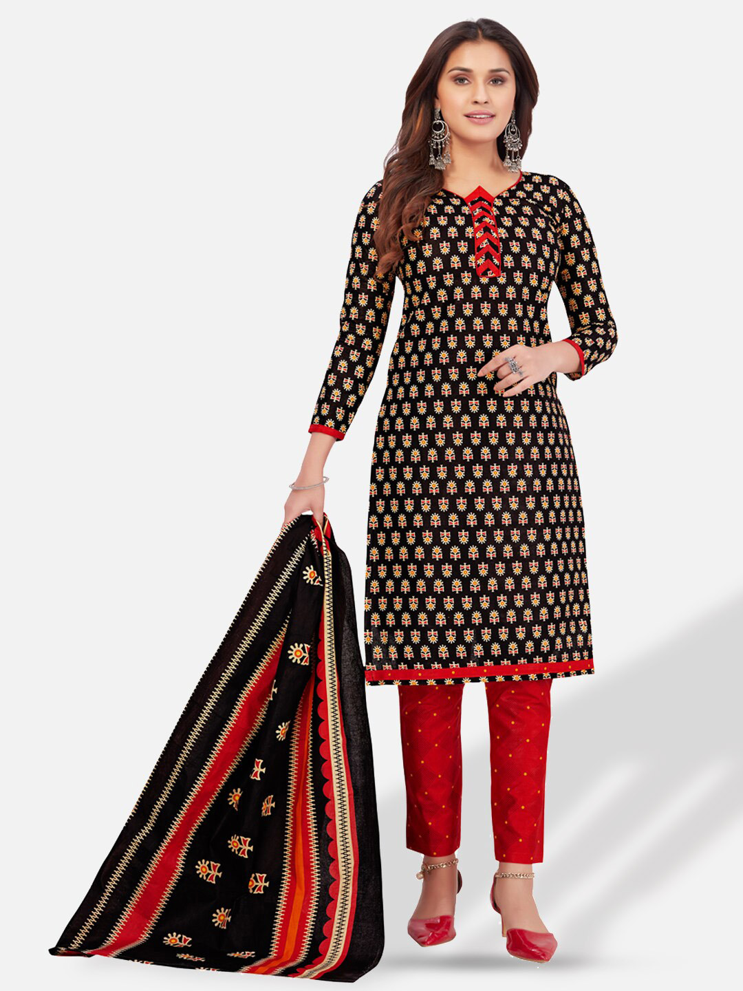 

SALWAR STUDIO Printed Pure Cotton Unstitched Dress Material, Black