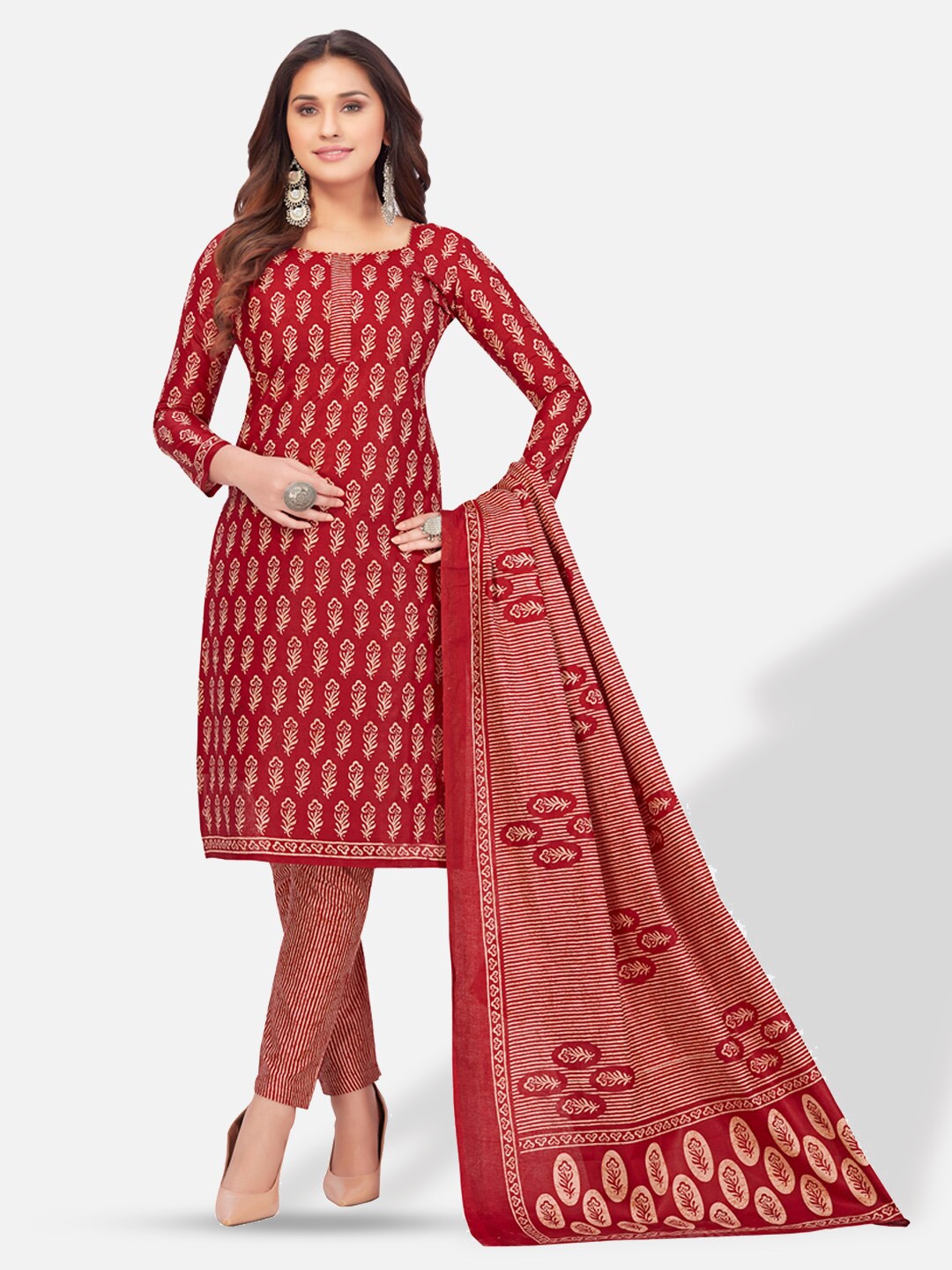 

SALWAR STUDIO Printed Pure Cotton Unstitched Dress Material, Red