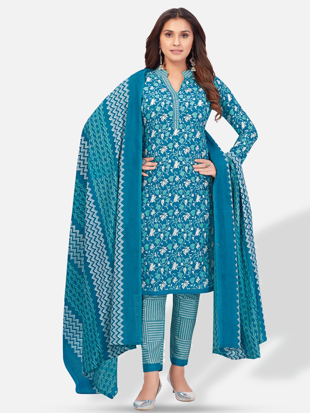 

SALWAR STUDIO Printed Pure Cotton Unstitched Dress Material, Blue