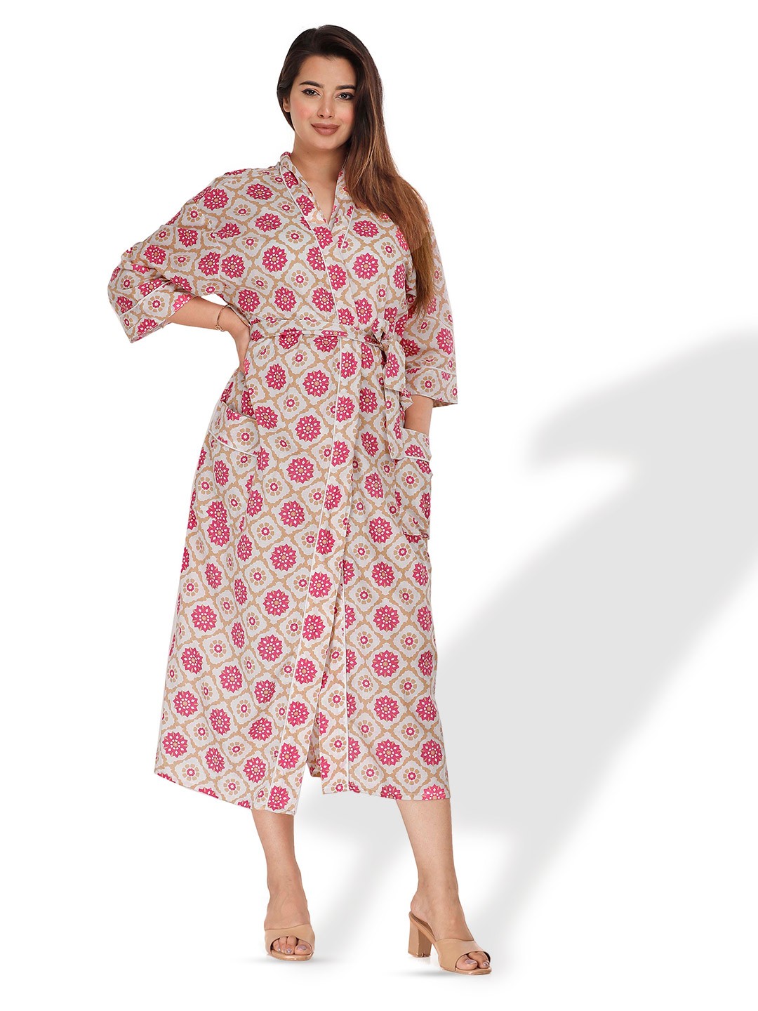 

SHOOLIN Ethnic Motifs Printed Nightdress, Pink