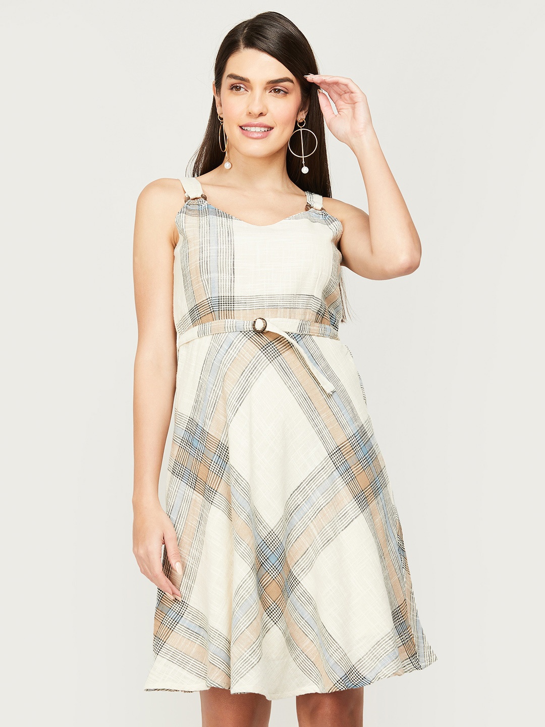 

CODE by Lifestyle Checked Shoulder Strap Fit & Flare Cotton Dress, Beige