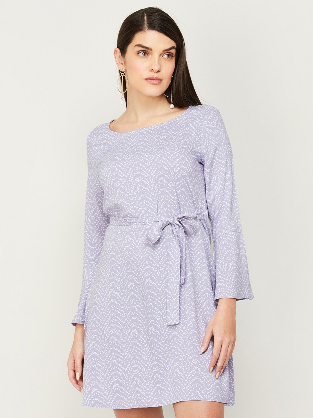 

Fame Forever by Lifestyle Chevron Printed Bell Sleeves Fit & Flare Dress, Lavender
