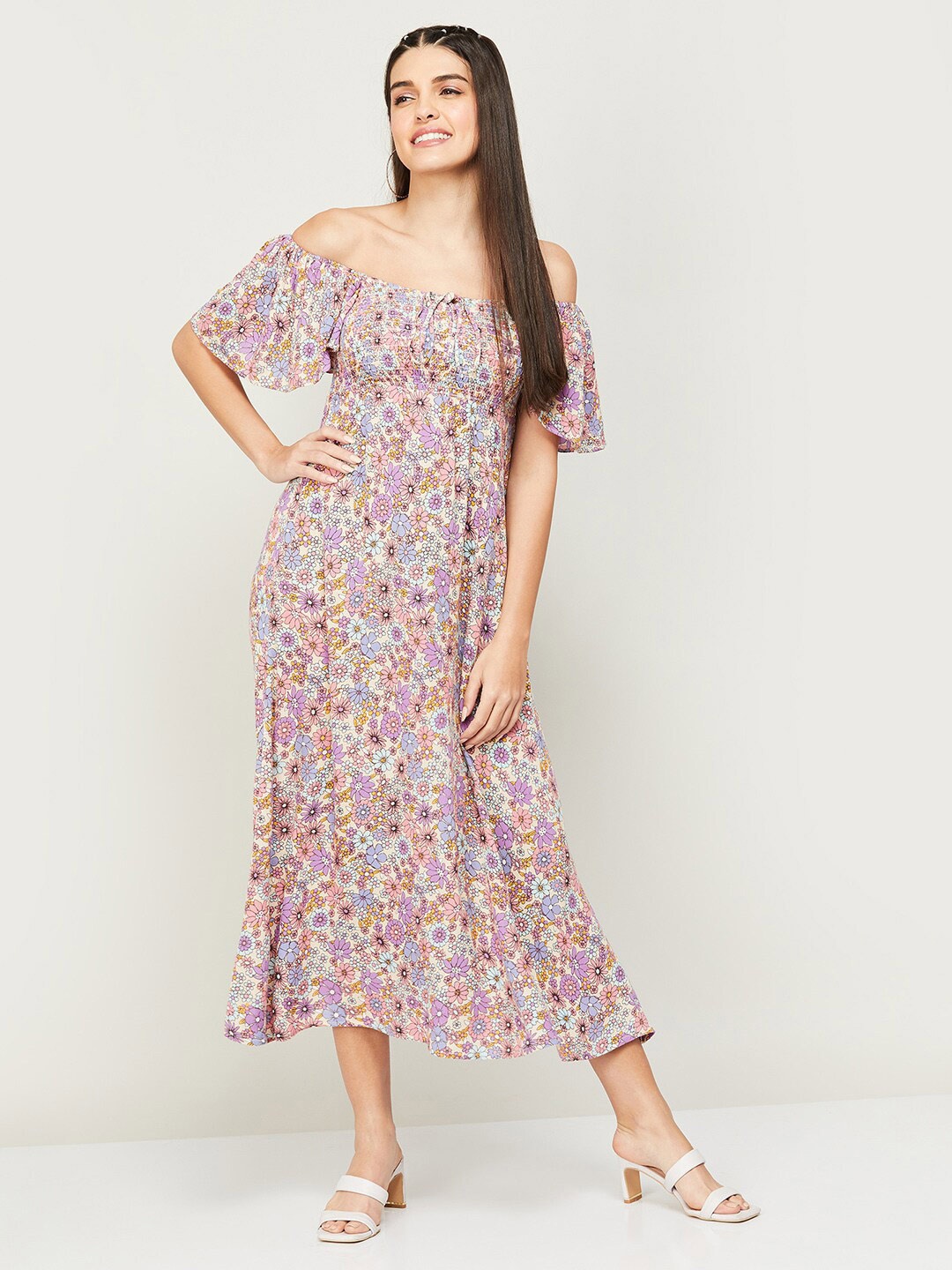 

Ginger by Lifestyle Floral Printed Off-Shoulder Smocked A-Line Midi Dress, Beige