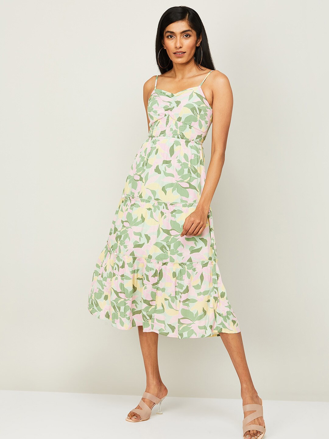 

Ginger by Lifestyle Tropical Printed Smocked Detail Ruched Fit & Flare Midi Dress, Green