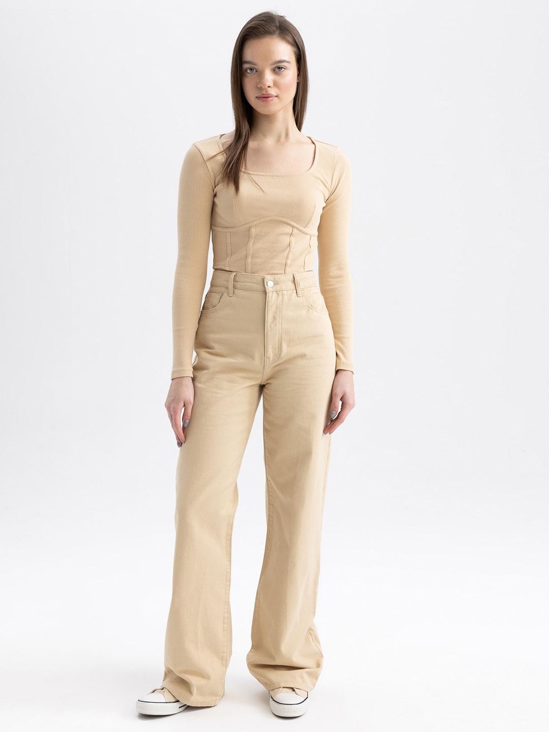 

DeFacto Women High-Rise Pure Cotton Flared Jeans, Beige