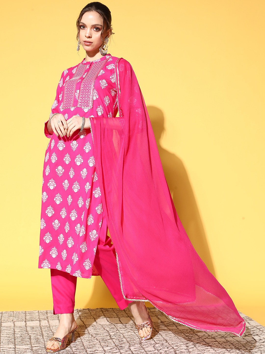 

Ishin Floral Printed Sequinned Pure Cotton Kurta With Trousers & Dupatta, Pink