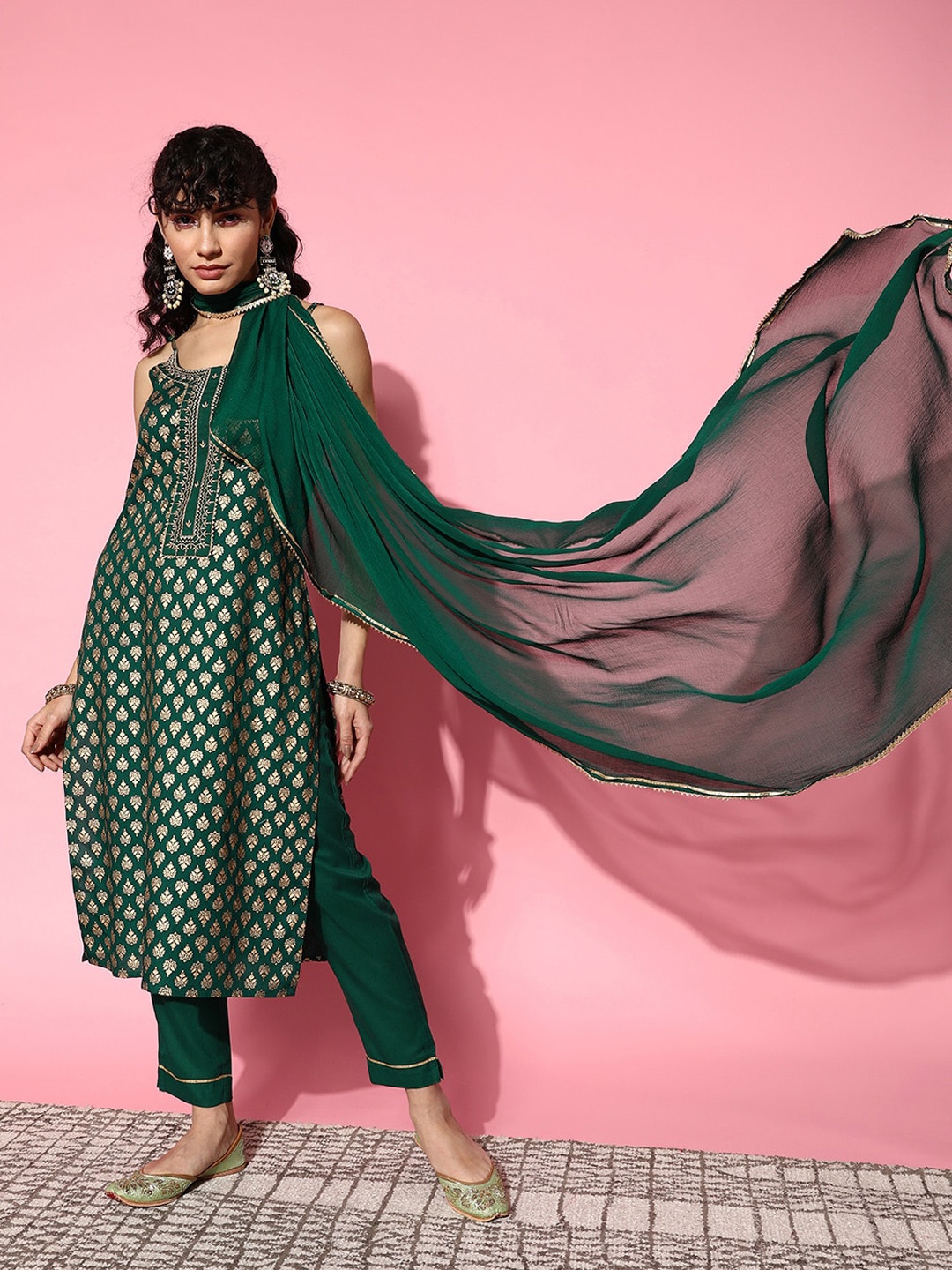 

Ishin Ethnic Motifs Printed Thread Work Straight Kurta with Trousers & Dupatta, Green