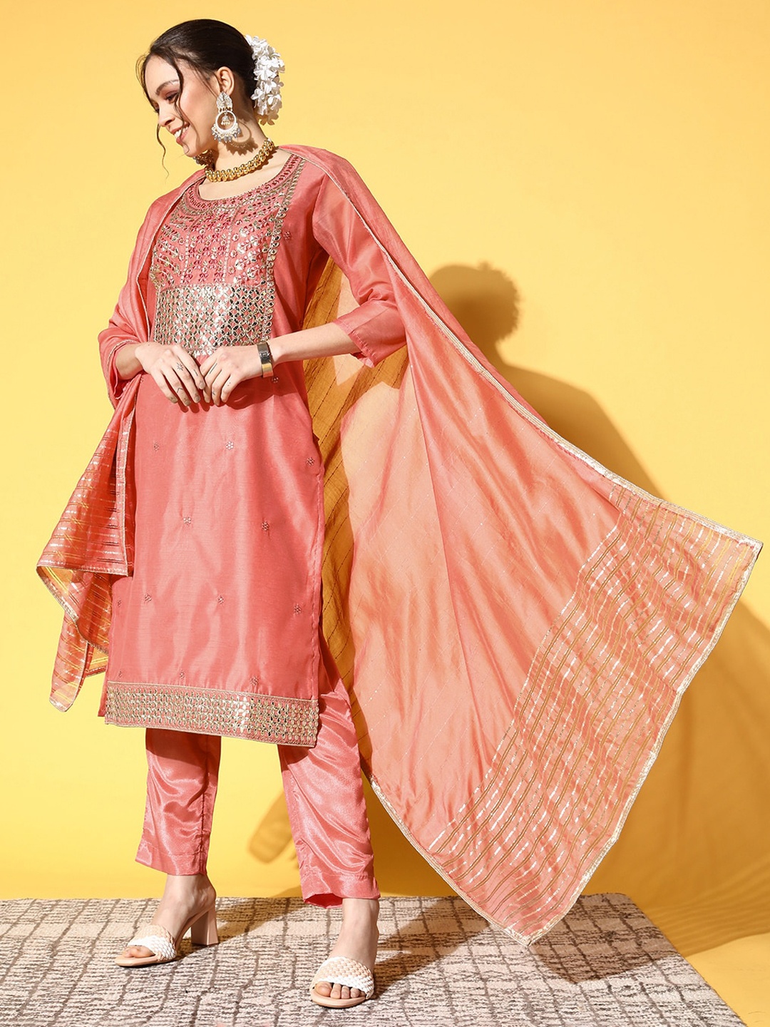 

Ishin Ethnic Motifs Embroidered Gotta Patti Chanderi Cotton Kurta with Trousers & Dupatta, Peach