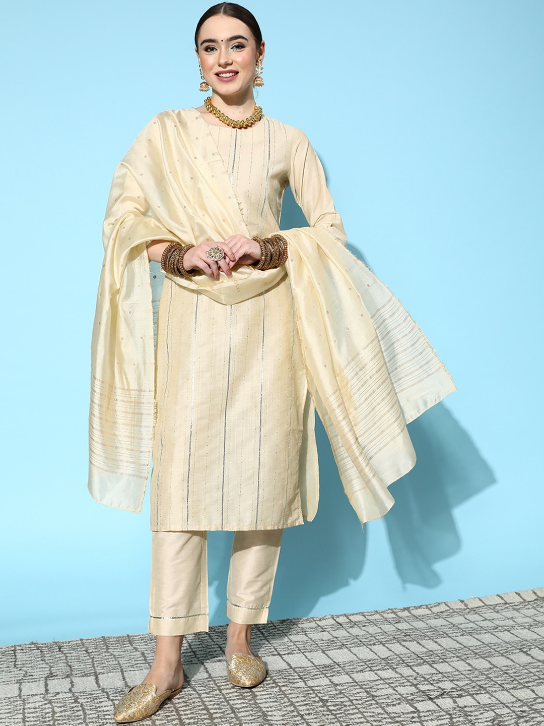 

Ishin Striped Zari Detail Straight Kurta with Trousers & Dupatta, Cream