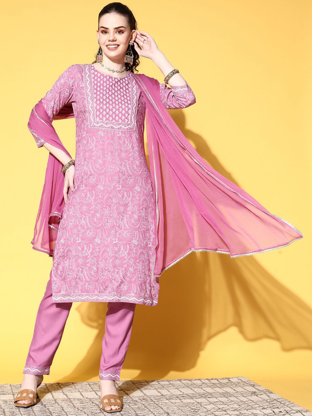 

IshinFloral Printed Sequined Straight Kurta with Trousers & Dupatta, Pink