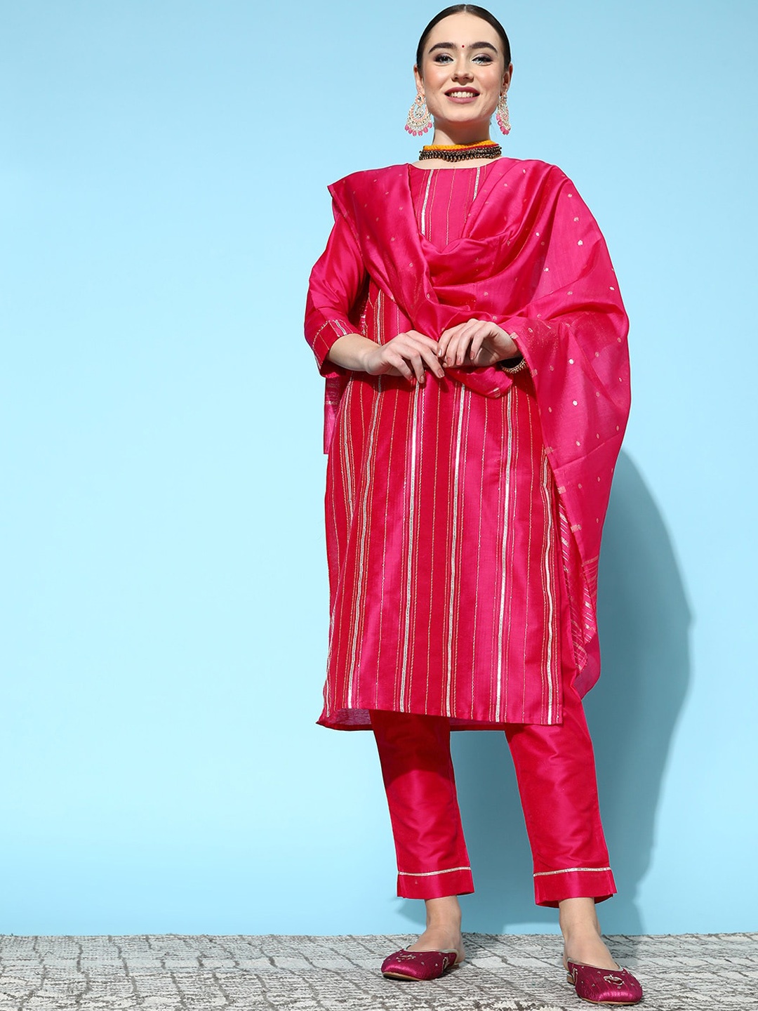 

Ishin Striped Zari Straight Kurta with Trousers & Dupatta, Pink