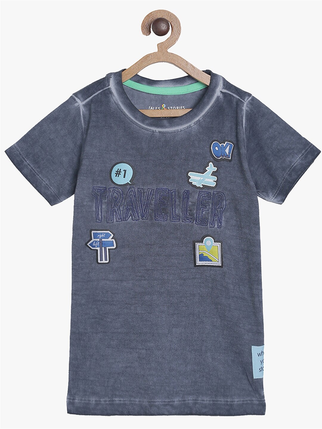 

TALES & STORIES Boys Conversational Applique Cotton T-shirt, Grey