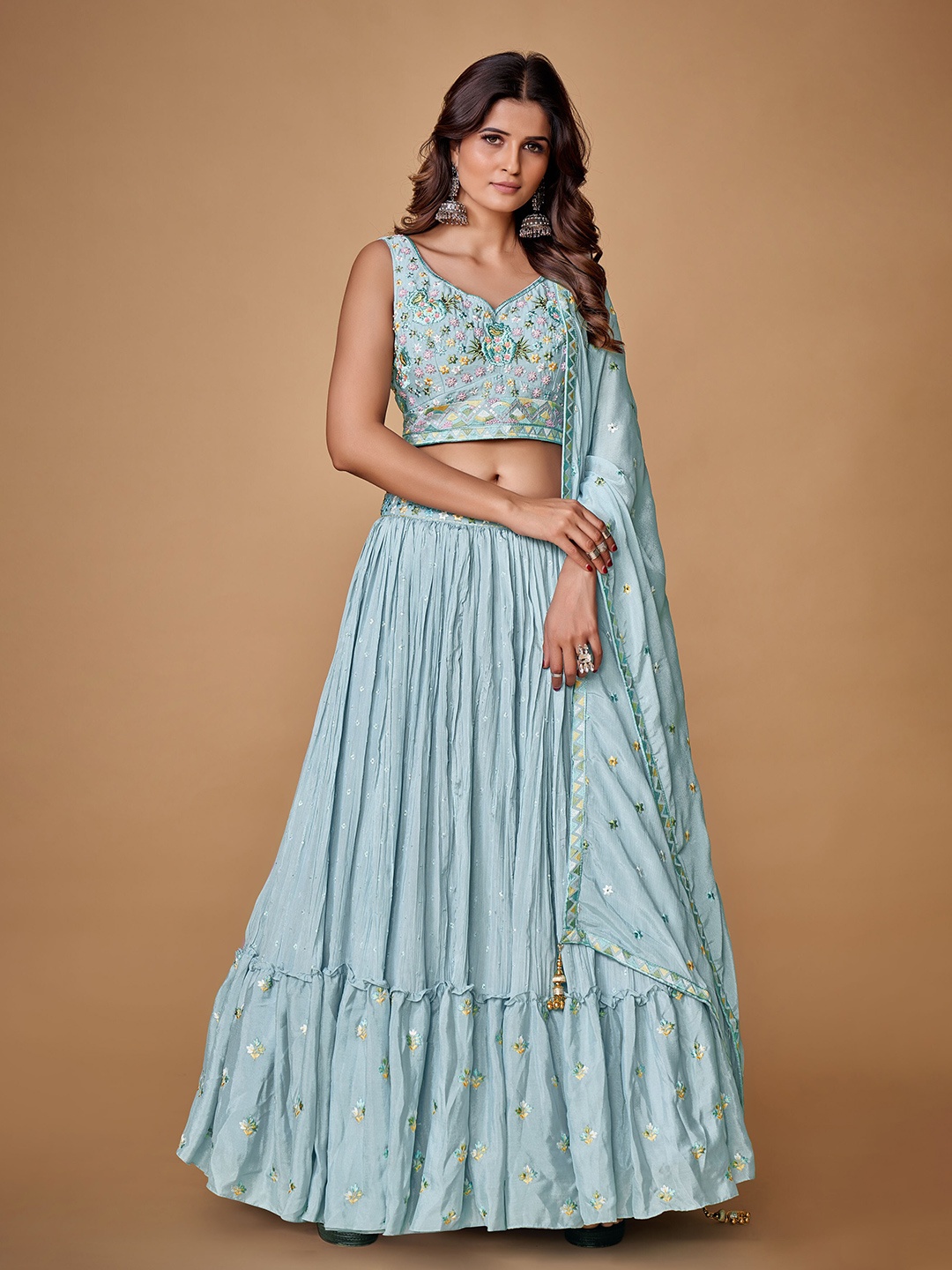 

Fusionic Embroidered Thread Work Ready to Wear Lehenga & Blouse With Dupatta, Blue