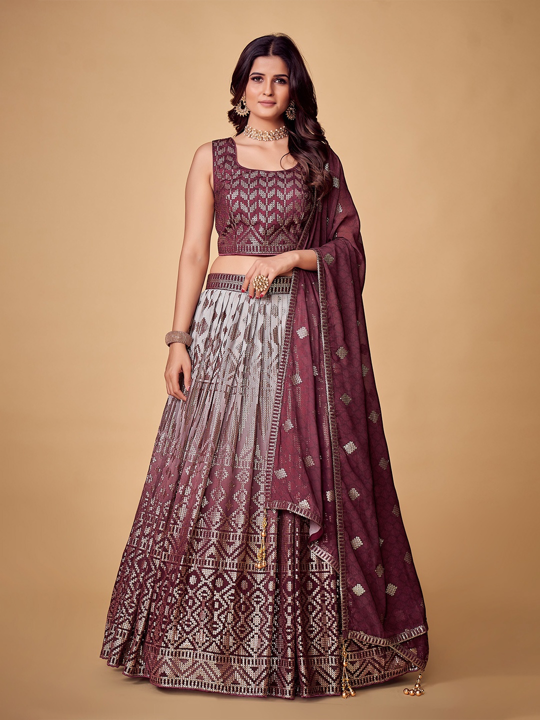 

Fusionic Embellished Sequinned Ready to Wear Lehenga & Blouse With Dupatta, Purple