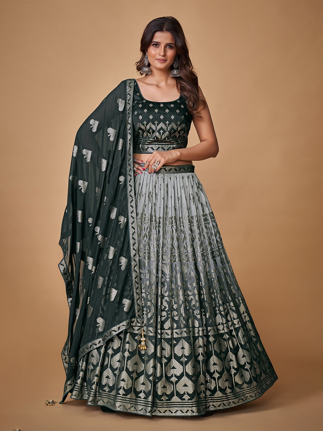 

Fusionic Embellished Sequinned Ready to Wear Lehenga & Blouse With Dupatta, Black