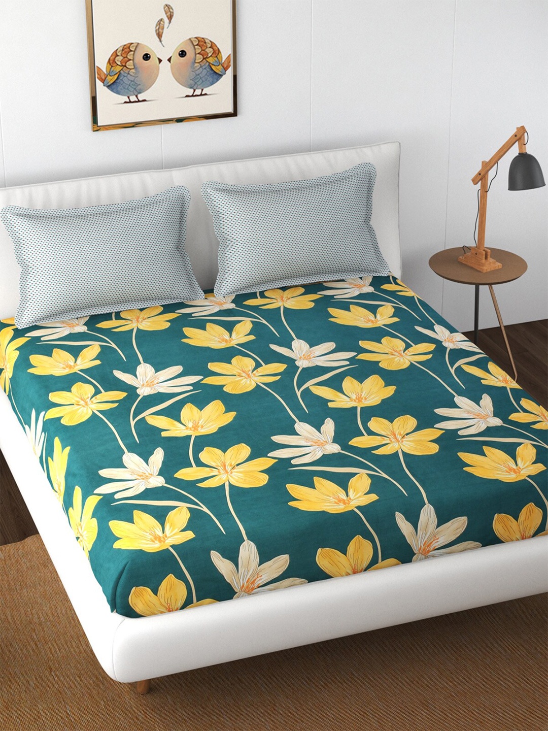 

Florida Reeva Green & Yellow Floral 180 TC Fitted King Bedsheet With 2 Pillow Covers