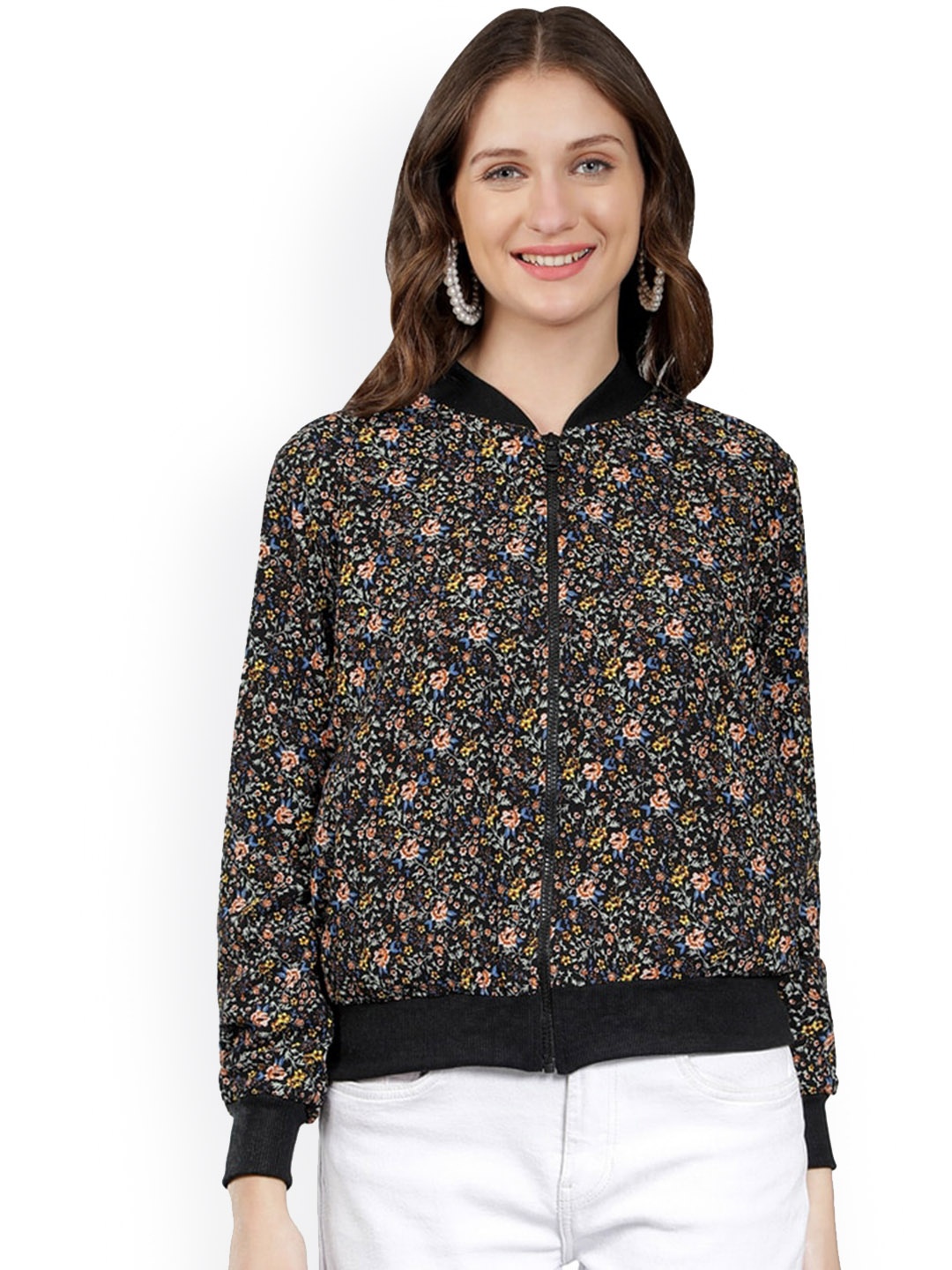 

NUEVOSDAMAS Women Floral Printed Mandarin Collar Long Sleeves Bomber Jacket, Black