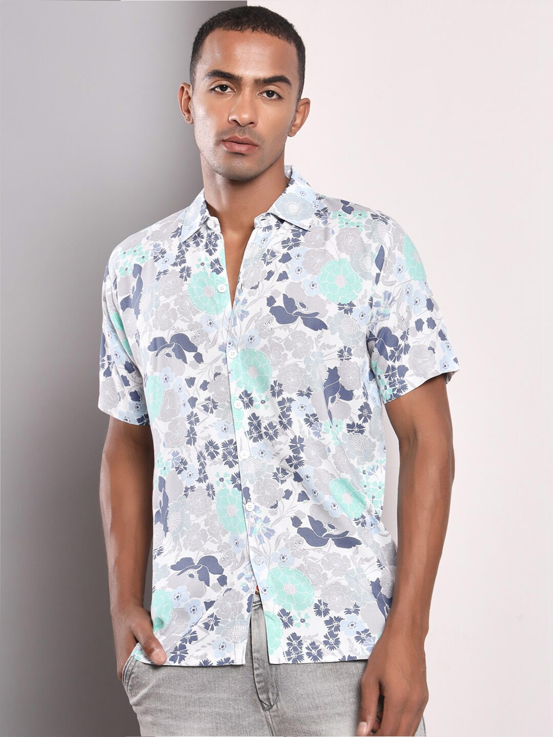 

Darzi Floral Printed Cotton Casual Shirt, White