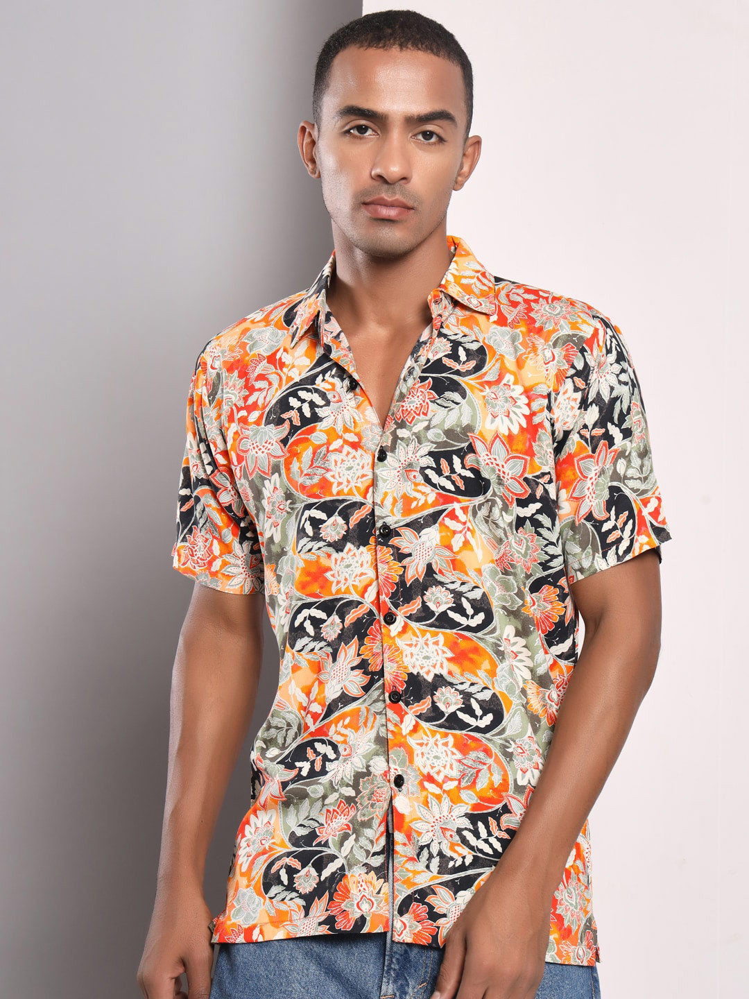 

Darzi Floral Printed Cotton Casual Shirt, Orange