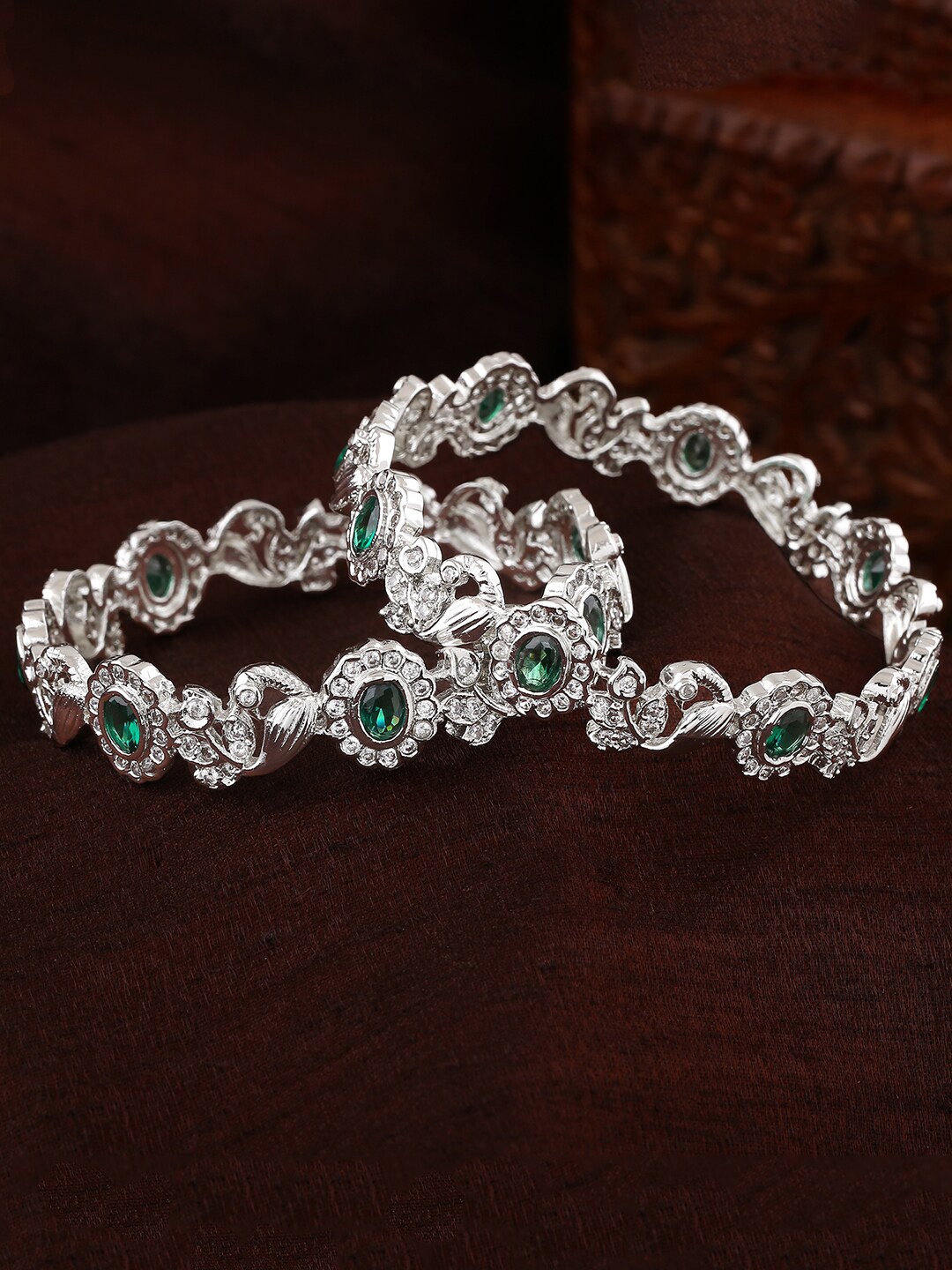 

Estele Set Of 2 Rhodium-Plated AD-Studded Bangles, Silver