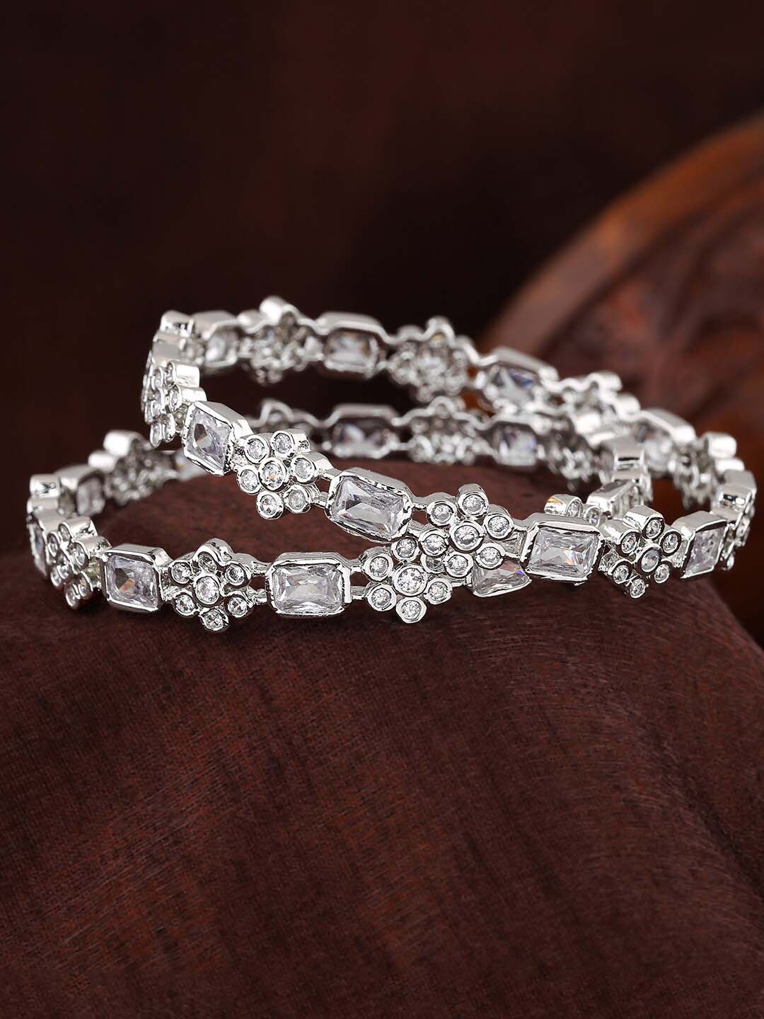 

Estele Set of 2 Rhodium-Plated AD Studded Brass Bangles, Silver