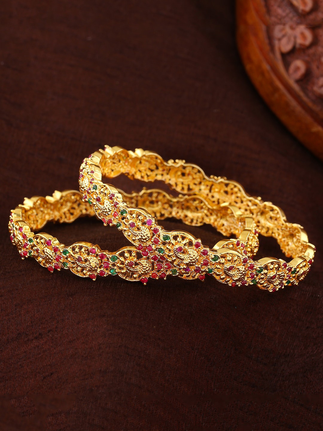 

Estele Set Of 2 Gold-Plated & CZ-Studded Bangles, Red