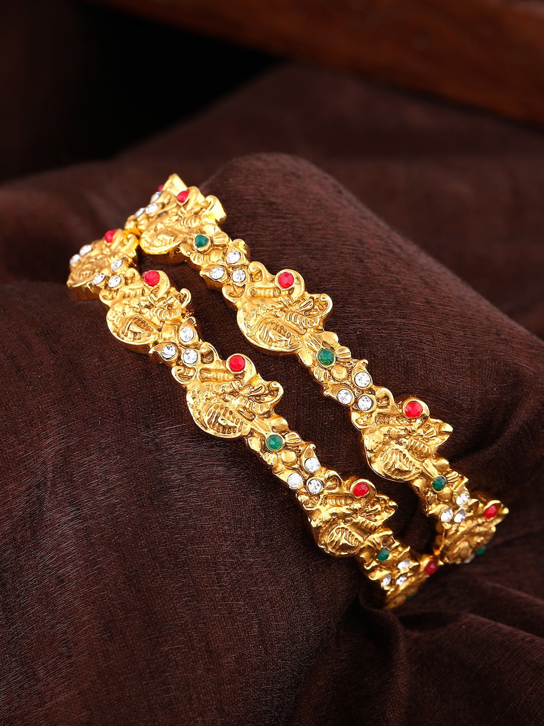 

Estele Set Of 2 Gold-Plated Crystal Studded Bangles, Green